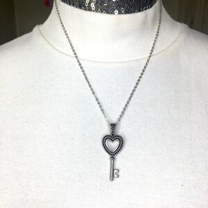 Key pendant necklace silver tone 18”